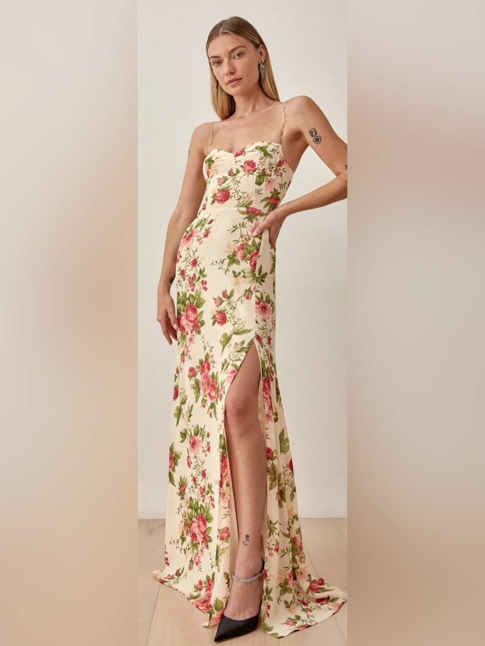 NWT Reformation Melita Jardin Cream Floral Maxi Dress with Pink Rose Print 6